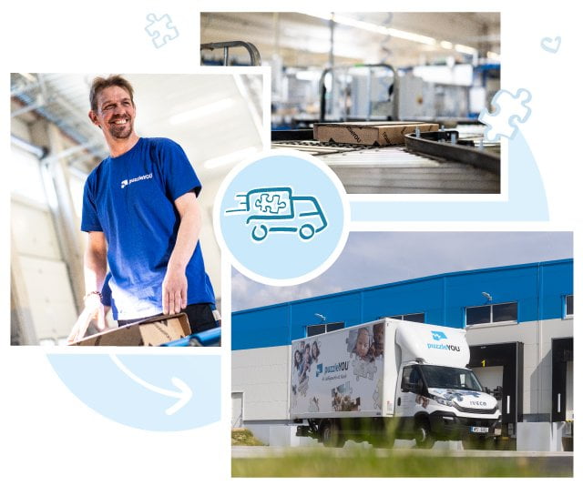 Kompetentní zamestnanci organizujú prepravu puzzle do 23 krajín. V Európe alebo Severnej Amerike: puzzleYOU k vám dorazí v priebehu niekoľkých dní.